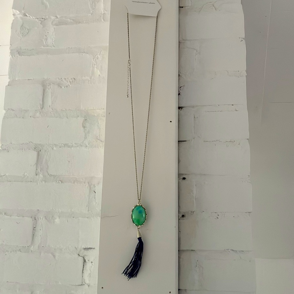 NWT CJ Banks Elegant Green Pendant Necklace with Blue Tassel